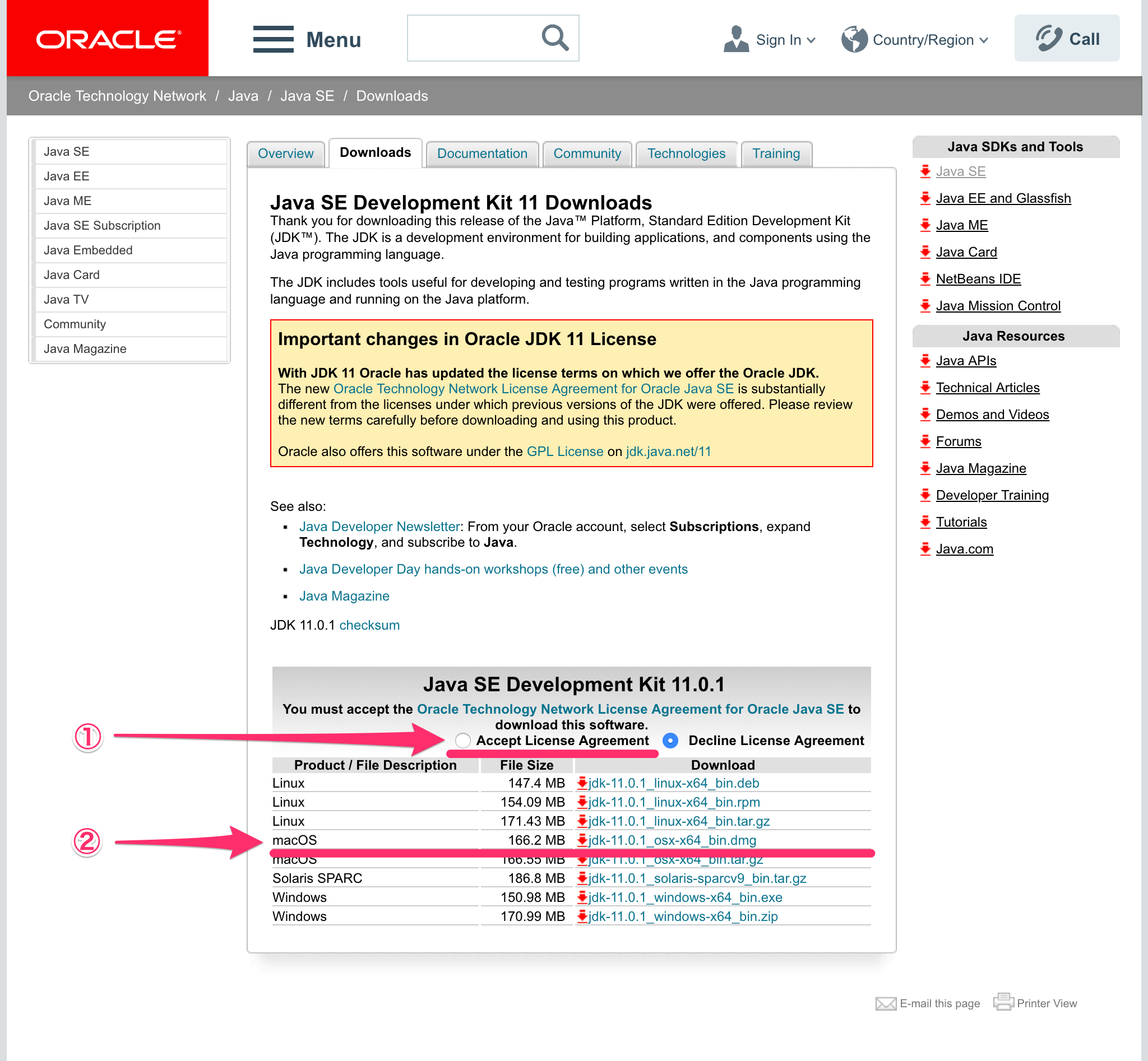 Oracleダウンロードページ